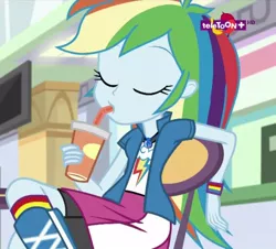 Size: 636x575 | Tagged: safe, derpibooru import, screencap, rainbow dash, equestria girls, mirror magic, spoiler:eqg specials, boots, clothes, cool, cropped, cup, drink, drinking, eyes closed, geode of super speed, magical geodes, shoes, sitting, skirt, socks, solo, striped socks, teletoon