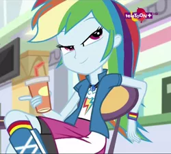 Size: 638x576 | Tagged: safe, derpibooru import, screencap, rainbow dash, equestria girls, mirror magic, spoiler:eqg specials, boots, clothes, cool, cropped, cup, drink, female, geode of super speed, magical geodes, shoes, sitting, skirt, smiling, smug, socks, solo, striped socks, teletoon