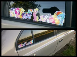 Size: 1160x864 | Tagged: safe, derpibooru import, applejack, fluttershy, lily, lily valley, pinkie pie, rainbow dash, rarity, twilight sparkle, pony, car, hyundai, hyundai accent, irl, mane six, merchandise, photo, russia, sticker