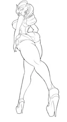 Size: 525x955 | Tagged: anthro, artist:kei-waza, breasts, busty rarity, derpibooru import, female, high heels, human, humanized, legs, low angle, plantigrade anthro, rarity, simple background, solo, solo female, suggestive, the ass was fat, tight clothing, white background, worm's eye view