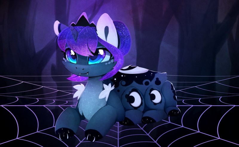 Size: 2222x1363 | Tagged: safe, artist:magnaluna, derpibooru import, princess luna, monster pony, original species, spiderpony, cheek fluff, chest fluff, colored pupils, crown, cute, cute little fangs, ear fluff, fangs, female, fluffy, galaxy mane, horn, jewelry, lunabetes, prone, regalia, solo, species swap, spider web, spiderluna (species swap)