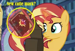 Size: 1595x1080 | Tagged: safe, derpibooru import, edit, edited screencap, screencap, sunset shimmer, pony, equestria girls, mirror magic, spoiler:eqg specials, cutie mark, diary, solo