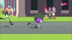Size: 1136x635 | Tagged: safe, derpibooru import, screencap, apple bloom, bon bon, lyra heartstrings, scootaloo, starlight glimmer, sunset shimmer, sweetie belle, sweetie drops, equestria girls, mirror magic, spoiler:eqg specials, all fours, beanie, clothes, cutie mark crusaders, faic, hat, humans doing horse things, majestic as fuck, teletoon