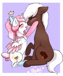 Size: 812x985 | Tagged: safe, artist:pastel-pony-princess, derpibooru import, oc, oc:cherry cordial, oc:dream star, unofficial characters only, earth pony, pony, blushing, boop, bow, clothes, crown, jewelry, regalia, socks, warmers