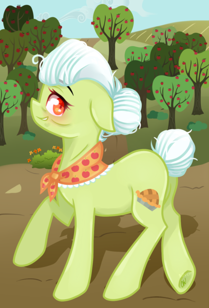 Size: 1000x1474 | Tagged: safe, artist:silvah-chan, artist:sketchyhowl, derpibooru import, granny smith, pony, solo, tree, walking, wrong eye color