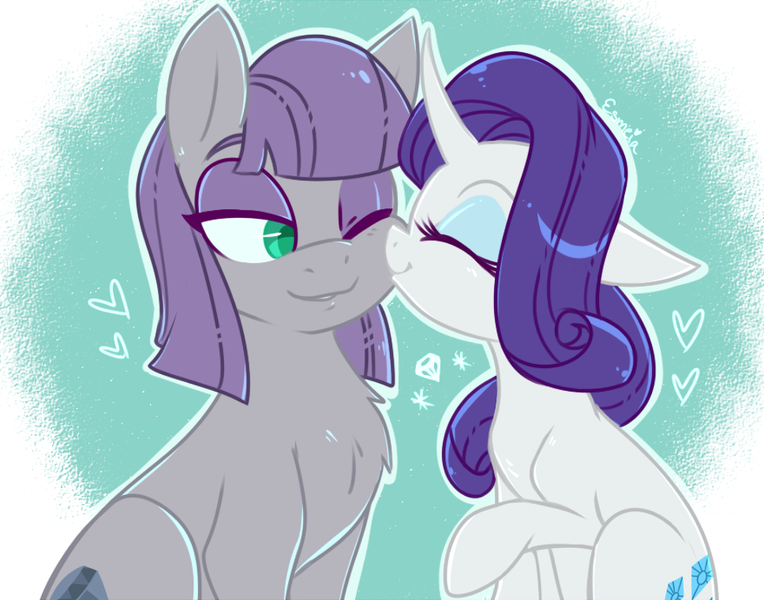 Size: 968x760 | Tagged: safe, artist:esmeia, derpibooru import, maud pie, rarity, earth pony, pony, unicorn, eyes closed, female, heart, lesbian, mare, nuzzling, one eye closed, rarimaud, shipping, smiling, story included, when she smiles, wrong cutie mark