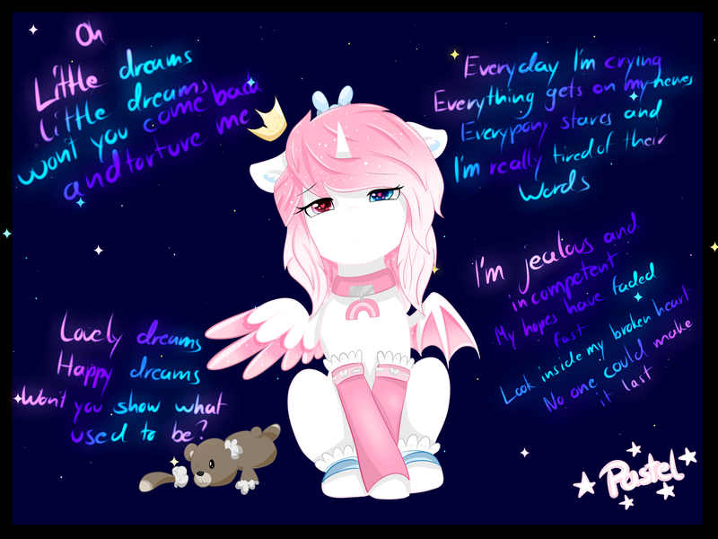 Size: 4000x3000 | Tagged: safe, artist:otpl, artist:pastel-pony-princess, derpibooru import, oc, oc:dreamy stars, unofficial characters only, bow, clothes, collar, crown, floating crown, hair bow, heart eyes, jewelry, lyrics, regalia, sad, solo, teddy bear, text, warmers, wingding eyes