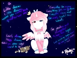 Size: 4000x3000 | Tagged: safe, artist:otpl, artist:pastel-pony-princess, derpibooru import, oc, oc:dreamy stars, unofficial characters only, bow, clothes, collar, crown, floating crown, hair bow, heart eyes, jewelry, lyrics, regalia, sad, solo, teddy bear, text, warmers, wingding eyes