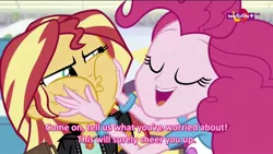 Size: 1334x750 | Tagged: safe, derpibooru import, screencap, pinkie pie, sunset shimmer, equestria girls, mirror magic, spoiler:eqg specials, cheeks, geode of empathy, geode of sugar bombs, magical geodes, personal space invasion, squishy cheeks