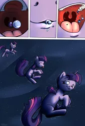 Size: 1920x2816 | Tagged: safe, artist:shieltar, derpibooru import, part of a set, twilight sparkle, pony, unicorn, comic:giant twilight, comic, cute, descriptive noise, drool, eating, edible heavenly object, giant pony, giantess, growth, macro, part of a series, planet, pony bigger than a planet, solo, space, stars, tongue out, unicorn twilight, uvula