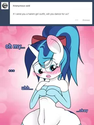 Size: 1536x2048 | Tagged: suggestive, artist:lefthighkick, derpibooru import, shining armor, pony, ask bottom armor, ask, blushing, blushing profusely, bottom armor, bottom heavy, bow, extra thicc, femboy, hair bow, image, impossibly wide hips, male, png, shining femboy armor, shy, solo, solo male, trap, tumblr, wide hips