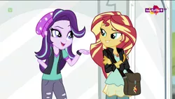 Size: 1136x640 | Tagged: safe, derpibooru import, screencap, starlight glimmer, sunset shimmer, equestria girls, mirror magic, spoiler:eqg specials, geode of empathy, magical geodes, open mouth, smiling, teletoon