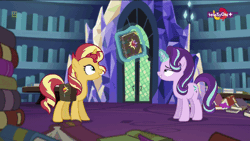 Size: 600x338 | Tagged: safe, derpibooru import, screencap, starlight glimmer, sunset shimmer, pony, equestria girls, mirror magic, spoiler:eqg specials, animated, book, cute, gif, in the human world for too long, majestic as fuck, saddle bag, shimmerbetes, teletoon, twilight's castle