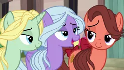 Size: 1280x720 | Tagged: safe, derpibooru import, screencap, dear darling, fond feather, swoon song, pony, hard to say anything, background pony, bimbettes, female, trio, trio female