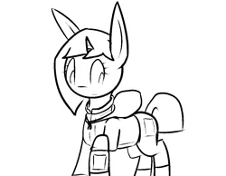 Size: 1024x794 | Tagged: safe, artist:erthilo, derpibooru import, oc, oc:sierra scorch, unofficial characters only, pony, unicorn, fallout equestria, black and white, cyoa, fallout, grayscale, monochrome, simple background, solo, stablequest, text, white background