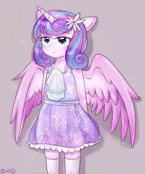 Size: 739x890 | Tagged: artist:camilla_, blushing, clothes, cute, derpibooru import, dress, flower, flower in hair, flurrybetes, gray background, hands behind back, horn, horned humanization, human, humanized, lidded eyes, older, pixiv, princess flurry heart, safe, simple background, solo, sparkles, spread wings, stockings, thigh highs, winged humanization, wings