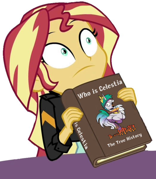 Size: 649x743 | Tagged: safe, artist:andypriceart, derpibooru import, edit, princess celestia, sunset shimmer, alicorn, pony, equestria girls, mirror magic, spoiler:comic, spoiler:comicff38, spoiler:eqg specials, book, funny, parody, simple background, solo, transparent background, vector