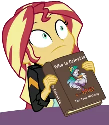 Size: 649x743 | Tagged: safe, artist:andypriceart, derpibooru import, edit, princess celestia, sunset shimmer, alicorn, pony, equestria girls, mirror magic, spoiler:comic, spoiler:comicff38, spoiler:eqg specials, book, funny, parody, simple background, solo, transparent background, vector