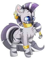 Size: 2800x3500 | Tagged: artist:madacon, chest fluff, cute, derpibooru import, ear piercing, hnnng, piercing, safe, simple background, smiling, solo, transparent background, zebra, zecora, zecorable
