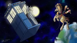 Size: 1920x1080 | Tagged: safe, artist:ebonytails, derpibooru import, derpy hooves, doctor whooves, time turner, earth pony, pegasus, pony, clothes, doctor who, duo, mouth hold, planet, scarf, sonic screwdriver, space, stars, sun, tardis, tom baker's scarf