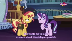 Size: 1136x640 | Tagged: safe, derpibooru import, screencap, starlight glimmer, sunset shimmer, pony, unicorn, equestria girls, mirror magic, spoiler:eqg specials, raised eyebrow, subtitles, teletoon, twilight's castle