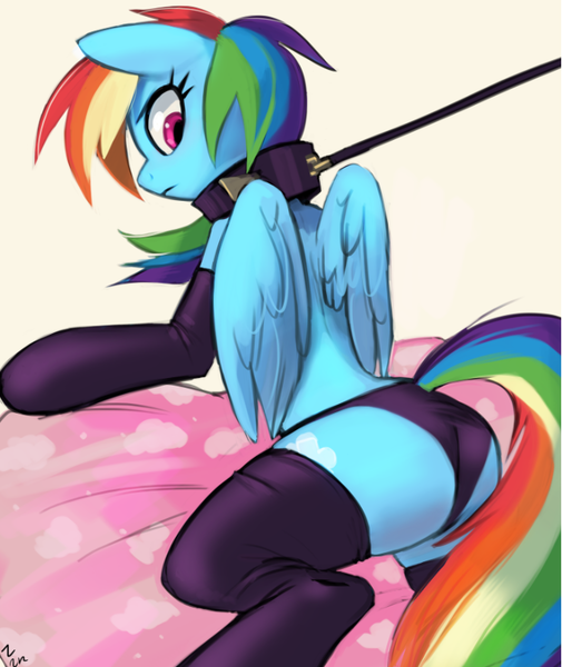 Size: 682x810 | Tagged: source needed, suggestive, artist:ehfa, derpibooru import, rainbow dash, pegasus, pony, semi-anthro, annoyed, bondage, clothes, collar, female, leash, mare, panties, pet play, pet-dash, sexy, socks, solo, solo female, stockings, stupid sexy rainbow dash, thigh highs, underwear