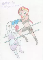Size: 763x1066 | Tagged: suggestive, artist:foxy1219, derpibooru import, sunset shimmer, trixie, equestria girls, belly button, boxing, breasts, clothes, feet, fight, image, jpeg, kickboxing, midriff, muay thai, sports, sports bra