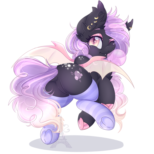 Size: 1600x1600 | Tagged: safe, artist:silent-shadow-wolf, derpibooru import, oc, oc:sunset strider, unofficial characters only, bat pony, pony, clothes, cute, fangs, featureless crotch, female, looking back, mare, ocbetes, one eye closed, plot, rear view, simple background, slit eyes, socks, solo, stockings, striped socks, thigh highs, transparent background, wink