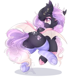 Size: 1600x1600 | Tagged: safe, artist:silent-shadow-wolf, derpibooru import, oc, oc:sunset strider, unofficial characters only, bat pony, pony, clothes, cute, fangs, featureless crotch, female, looking back, mare, ocbetes, one eye closed, plot, rear view, simple background, slit eyes, socks, solo, stockings, striped socks, thigh highs, transparent background, wink