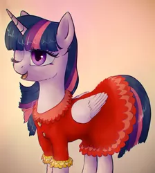 Size: 1327x1481 | Tagged: safe, artist:plotcore, derpibooru import, twilight sparkle, twilight sparkle (alicorn), alicorn, pony, /mlp/, clothes, cute, drawthread, dress, one eye closed, solo, too poofy, wink