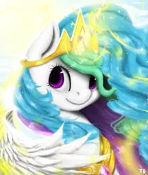 Size: 813x960 | Tagged: safe, artist:moondreamer16, derpibooru import, princess celestia, alicorn, pony, crown, cute, cutelestia, female, glowing horn, jewelry, mare, regalia, smiling, solo