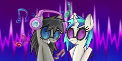 Size: 1240x620 | Tagged: safe, artist:snakeythingy, derpibooru import, octavia melody, vinyl scratch, pony, brainwashing, mind control, music, octavia and vinyl, smiling