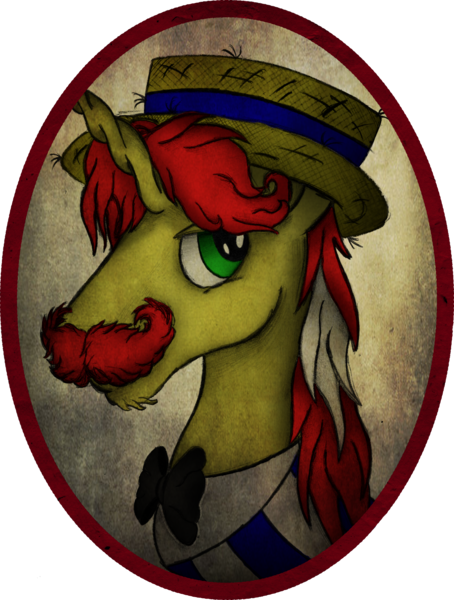 Size: 1859x2456 | Tagged: safe, artist:ancientowl, derpibooru import, flam, pony, unicorn, bust, facial hair, hat, looking at you, male, moustache, portrait, solo, stallion, traditional art