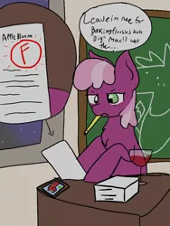 Size: 768x1024 | Tagged: safe, artist:nootaz, derpibooru import, big macintosh, cheerilee, earth pony, pony, hard to say anything, 30 minute art challenge, abuse of power, alcohol, bad teacher, bedroom eyes, biased, chalkboard, dialogue, drunk, f, fucked up, grammar error, homework, implied apple bloom, implied sugar belle, implied sugarmac, jealous, mouth hold, pencil, petty revenge, rejected, revenge, solo, speech bubble, talking, talking to viewer, this will end in lawsuits, this will end in pain, this will end in tears, this will end in unemployment, this will not end well, thought bubble, wine