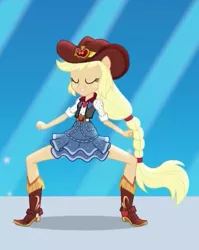 Size: 455x571 | Tagged: safe, derpibooru import, screencap, applejack, dance magic, equestria girls, spoiler:eqg specials, boots, clothes, cropped, dancing, eyes closed, female, high heel boots, ponied up, shoes, skirt, solo