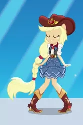 Size: 380x568 | Tagged: safe, derpibooru import, screencap, applejack, dance magic, equestria girls, spoiler:eqg specials, boots, clothes, cropped, dancing, eyes closed, high heel boots, ponied up, shoes, skirt, solo