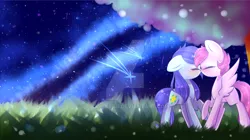 Size: 1024x575 | Tagged: safe, artist:twily-star, derpibooru import, oc, oc:misty cloud, oc:starlight, unofficial characters only, earth pony, pegasus, pony, female, kissing, mare, night, watermark