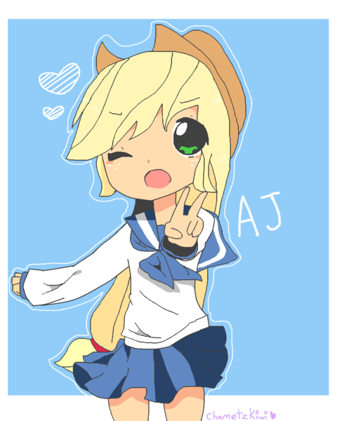 Size: 1156x1444 | Tagged: applejack, artist:chametzkiwi, chibi, derpibooru import, heart, human, humanized, one eye closed, safe, sailor uniform, solo, wink