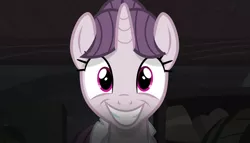 Size: 1258x720 | Tagged: safe, derpibooru import, screencap, sugar belle, pony, unicorn, the cutie map, basement, creepy, creepy smile, cult, equalized, equalized mane, false smile, female, looking at you, mare, smiling, solo, wide smile