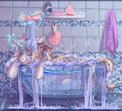 Size: 1433x1313 | Tagged: safe, artist:1an1, derpibooru import, oc, oc:caroline sunshine, unofficial characters only, pony, unicorn, bath, bathroom, bathtub, claw foot bathtub, eyes closed, female, magic, mare, overflowing, relaxing, shampoo, soap, soap bubble, solo, sponge, telekinesis, towel