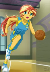 Size: 551x793 | Tagged: safe, artist:uotapo, derpibooru import, edit, sunset shimmer, equestria girls, armpits, ball is life, basketball, basketball court, canterlot high, clothes, cropped, cute, female, gym, jersey, ponytail, shoes, smiling, sneakers, socks, solo, sports shorts, sunset helper, tennis shoes, wondercolts