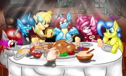 Size: 1024x614 | Tagged: safe, artist:snowbankst, derpibooru import, pinkie pie, oc, oc:lady lita sparkle, oc:lectra bolt, oc:shining valor, oc:snow storm, alicorn, bird, earth pony, pegasus, pony, turkey, unicorn, alicorn oc, cooked, dead, food, holiday, meat, ponies eating meat, thanksgiving
