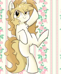 Size: 5000x6000 | Tagged: safe, artist:meowmavi, derpibooru import, oc, oc:mavis, unofficial characters only, pony, unicorn, abstract background, absurd resolution, bipedal, chest fluff, ear fluff, female, fluffy, mare, raised leg, shouler fluff, smiling, solo