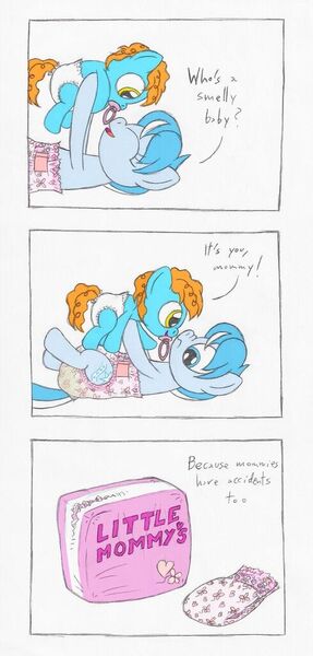 Size: 490x1024 | Tagged: questionable, artist:datspaniard, derpibooru import, oc, oc:scherzando, oc:snow frost, unofficial characters only, pony, advertisement, cute, diaper, diaper fetish, female, fetish, male, messy diaper, mother and son, poop, poopy diaper