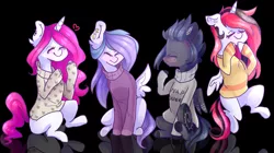 Size: 2456x1376 | Tagged: safe, artist:emily-826, derpibooru import, oc, oc:button love, oc:heartlight, oc:kama, oc:shylu, unofficial characters only, pegasus, pony, unicorn, black background, clothes, female, mare, simple background, sitting