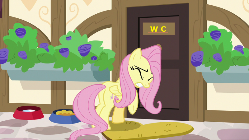 Size: 1280x720 | Tagged: safe, derpibooru import, edit, edited screencap, screencap, fluttershy, pony, fluttershy leans in, bathroom, solo