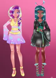 Size: 900x1259 | Tagged: alternate hairstyle, artist:nevera573, clothes, colored pupils, dark skin, derpibooru import, duo, female, gradient background, human, humanized, kimono minidress, looking at you, minidress, mother, princess cadance, queen chrysalis, safe, see-through