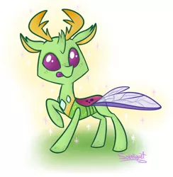 Size: 800x818 | Tagged: safe, artist:flourret, derpibooru import, thorax, changedling, changeling, :p, chibi, cute, freckles, king thorax, raised hoof, signature, smiling, solo, sparkles, spread wings, standing, tongue out, wings