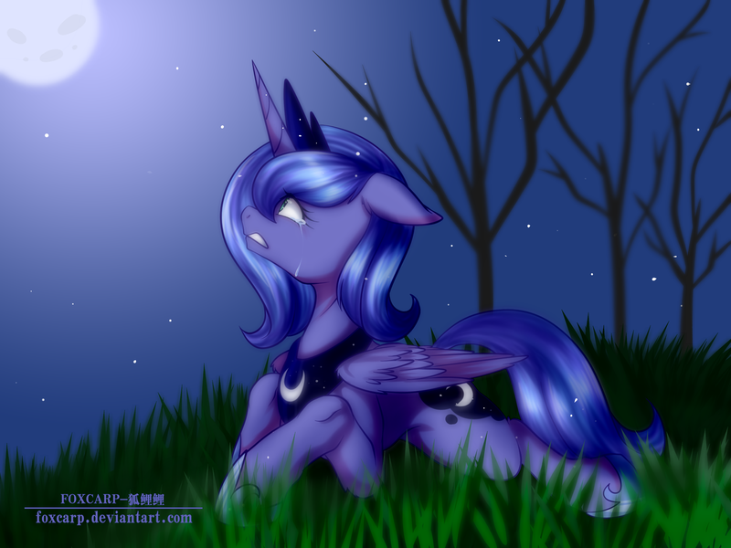 Size: 4000x3000 | Tagged: safe, artist:foxcarp, derpibooru import, princess luna, alicorn, pony, absurd resolution, crying, female, floppy ears, grass, gritted teeth, looking up, mare, moon, night, prone, s1 luna, solo, stars, tree