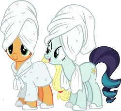 Size: 5635x5178 | Tagged: safe, artist:ironm17, derpibooru import, applejack, coloratura, earth pony, pony, absurd resolution, bathrobe, clothes, duo, female, mare, rara, simple background, slippers, towel, transparent background, vector